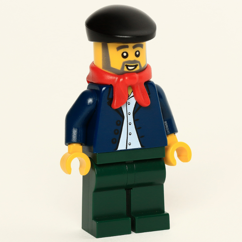 Lego Man, Open Dark Blue Jacket, Dark Green Legs, Red Scarf, Black Beret, Beard