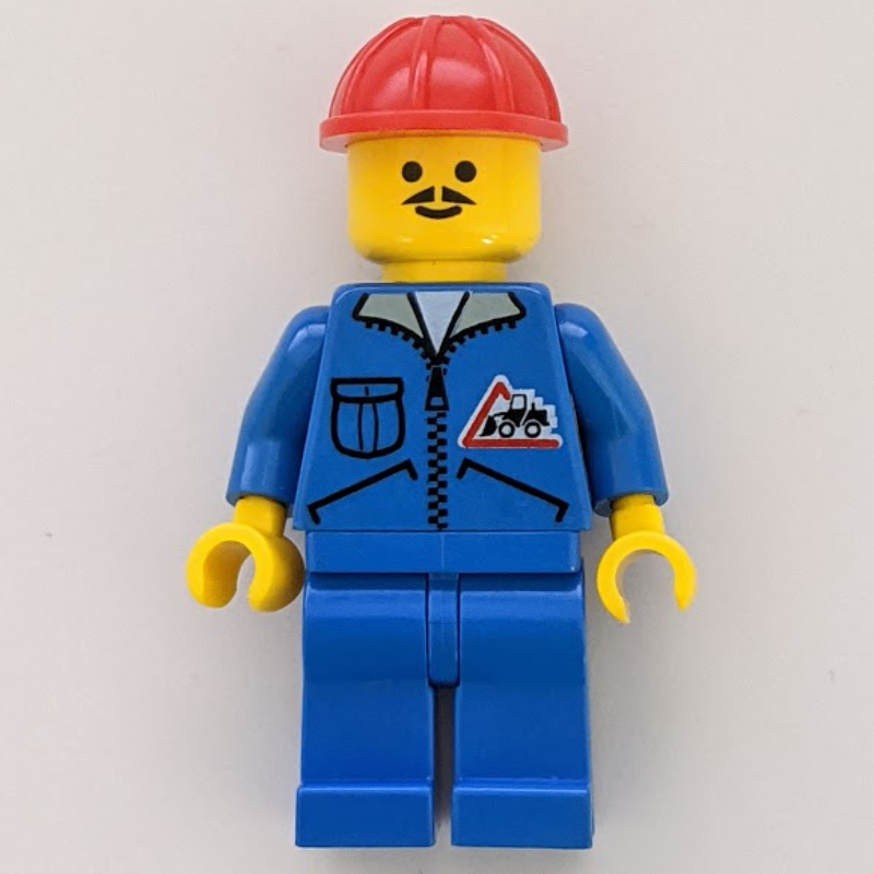 Lego Construction Worker, Blue Jacket with Zipper and Bulldozer Badge, Blue Legs, Red Hard Hat