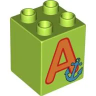 Duplo Brick 2 x 2 x 2 with 'A' and Anchor Print / Lime