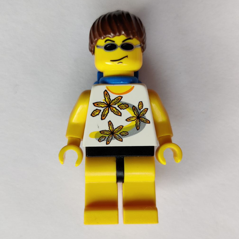Lego Woman, White Tank Top with Flowers, Yellow Legs, Brown Hair, Airtanks, Sunglasses