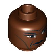 Lego Minifig Head Mace Windu, Forehead and Cheek Lines, Furrowed Brow Print [Blocked Open Stud] / Reddish Brown