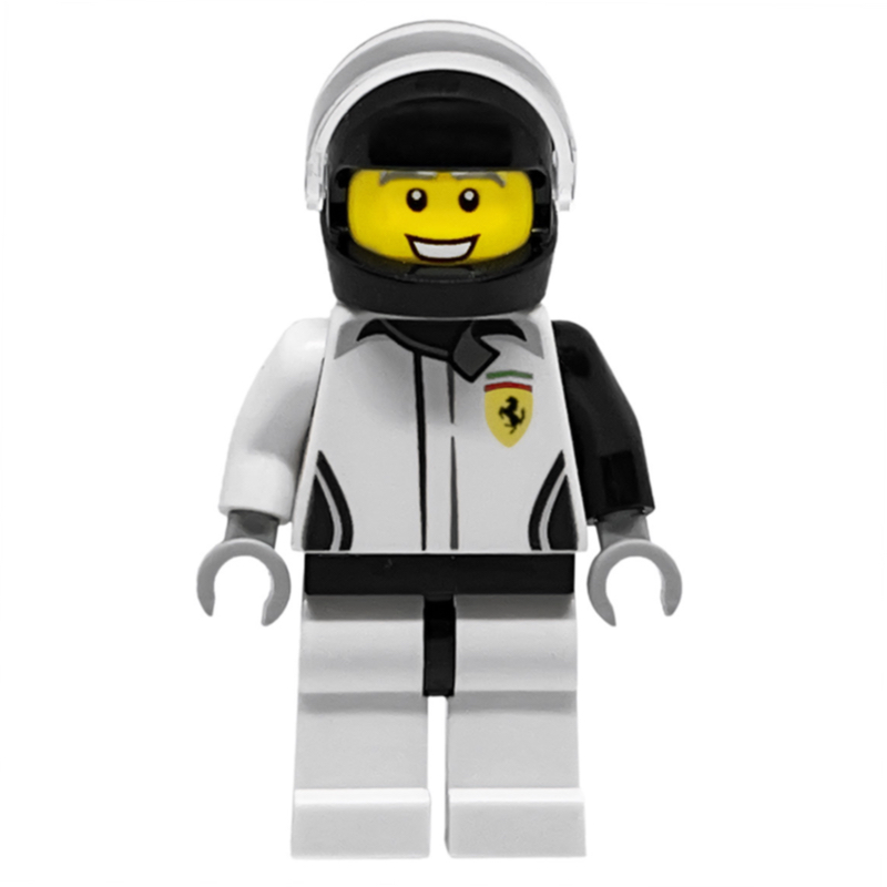 Lego Race Driver, White Torso, White Legs, Black Helmet, Ferrari