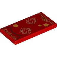 Tile 2 x 4 with Gold Flowers, Chinese Lampoons Print / Red