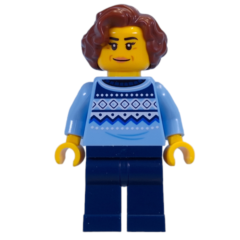 Lego Bright Light Blue Torso, Dark Blue Legs, Reddish Brown Hair