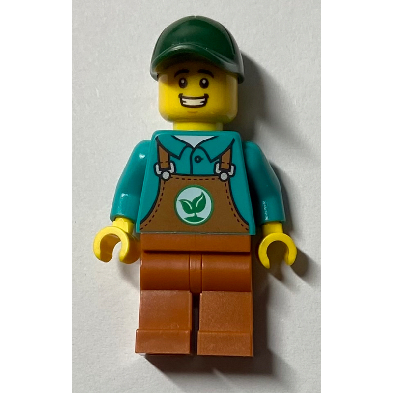 Lego Gardener, Dark Turquoise Shirt, Dark Orange Overalls, Dark Green Cap