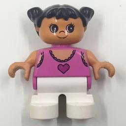 Duplo Figure, Early Child, with Pigtails Black, White Legs, Dark Pink Top with Heart Print / Medium Dark Pink