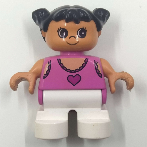 Lego Duplo Figure, Early Child, with Pigtails Black, White Legs, Dark Pink Top with Heart Print / Medium Dark Pink