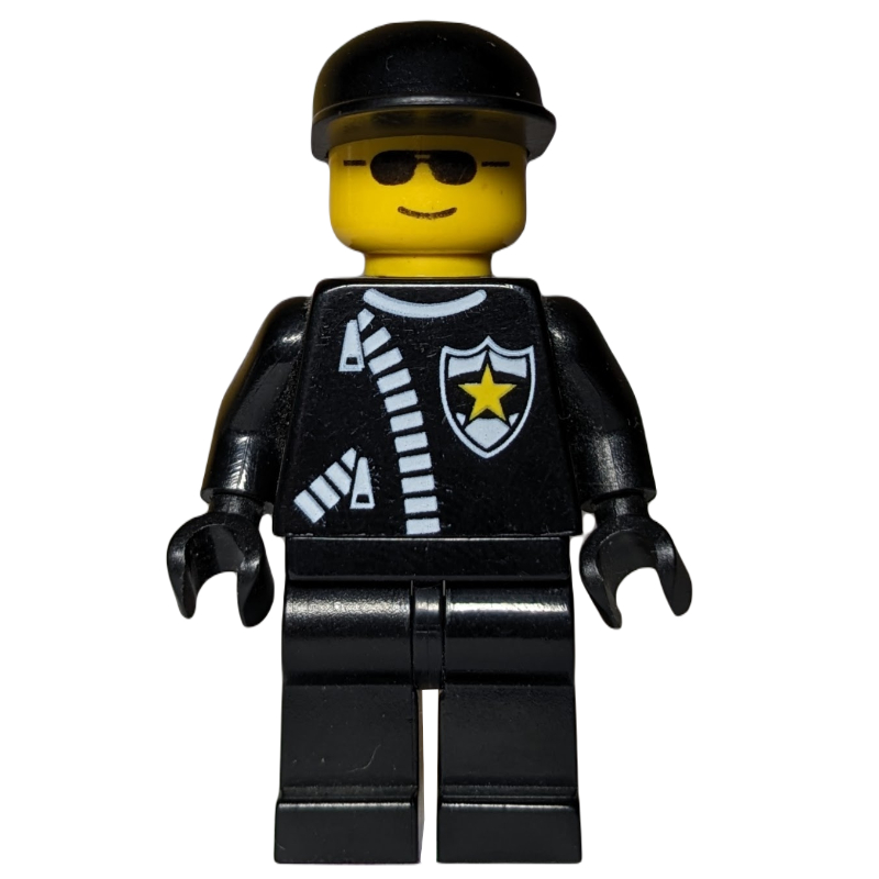 Lego Policeman, Black Jacket with Zipper and Badge, Black Cap, Sunglasses
