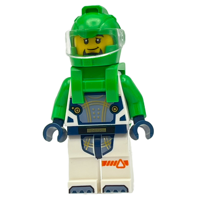 Lego Astronaut, White Spacesuit, Bright Green Backpack and Helmet, Goatee