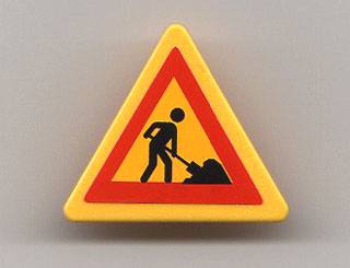 Lego Road Sign 2 x 2 Triangle with Clip with Worker and 1 Pile Pattern (Sticker) - Set 7905