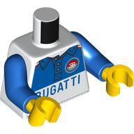 Lego Torso, Racing Suit, Red/GREEN EB Symbol, Blue Top, 'BUGATTI' print, Blue Arms, Yellow Hands / White