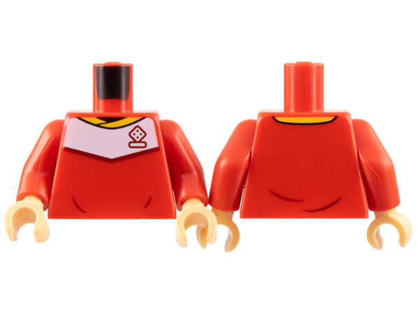 Lego Torso Soccer Uniform, Yellow Collar, White Shoulder Panel, Dark Red Dice Logo Pattern / Red Arms / Medium Tan Hands