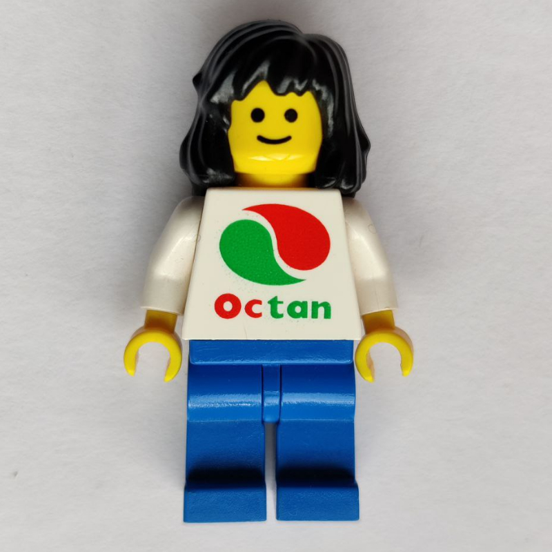 Lego Woman, White Top with Large Octan Logo, Blue Legs, Black Hair