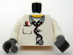 Lego Torso Hospital Lab Coat, Open Collar, Stethoscope, Pocket Pen, and Thermometer Pattern / White Arms / Dark Bluish Gray Hands