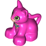 Lego Duplo Animal Cat / Kitten Sitting, Lime Eyes, White Stitch Lines and Whiskers, Collar with Paw Print Tag Print / Dark Pink