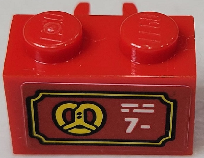 Lego Brick, Modified 1 x 2 with Open O Clip Vertical with Yellow Pretzel and White '7-' Pattern (Sticker) - Set 10303