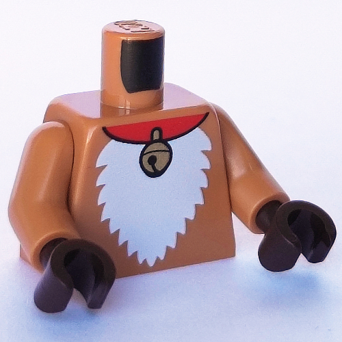 Lego Torso Fur, White Chest, Red Necklace with Sleigh Bell / White Tail print, Medium Nougat Arms, Dark Brown Hands / Medium Nougat