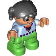 Lego Duplo Figure Child with Pigtails Black, with Bright Green Legs / Bright Light Blue
