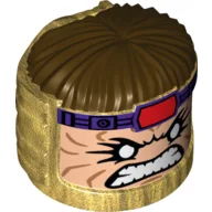 Minifig Head Special, MODOK with Dark Brown Hair and Bared Teeth Print / Pearl Gold