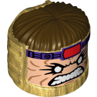 Lego Minifig Head Special, MODOK with Dark Brown Hair and Bared Teeth Print / Pearl Gold