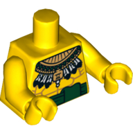 Lego Torso Bare Chest with Muscles, Green Sash and Aztec Feather Necklace Print, Yellow Arms and Hands / Yellow