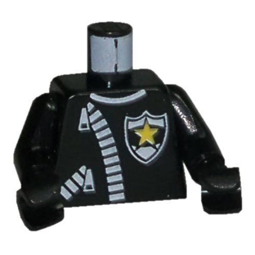 Lego Torso Leather Jacket, Zipper, Yellow Star Police Badge Print, Black Arms and Hands / Black