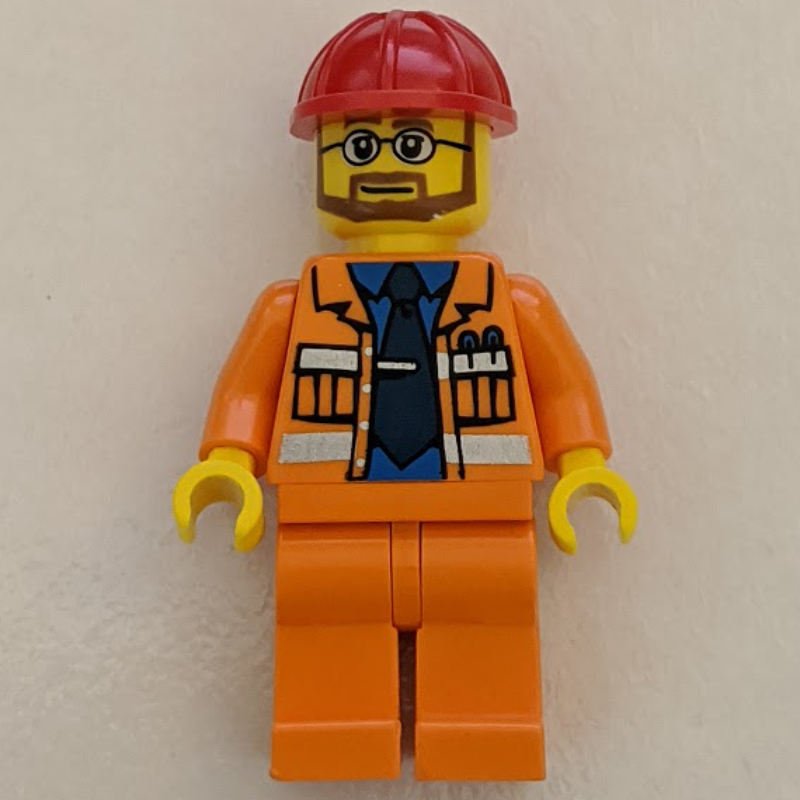 Lego Construction Worker, Open Orange Jacket over Blue Shirt with Tie, Red Hard Hat, Beard and Glasses