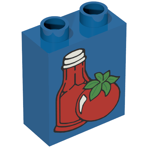 Lego Duplo Brick 1 x 2 x 2 with Ketchup Bottle and Tomato Print / Blue