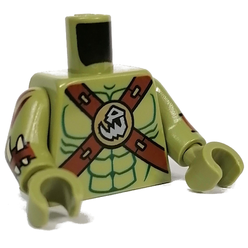Lego Torso, Reddish Brown Straps, Skull print, Olive Green Arms and Hands / Olive Green