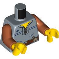 Lego Torso, Tunic, Tan laces, Reddish Brown Belt, Dark Brown Pouch print, Dark Orange Arms, Yellow Hands / Sand Blue