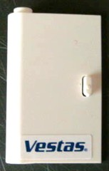 Lego Door 1 x 3 x 4 Left - Open Between Top and Bottom Hinge with 'Vestas' Logo Pattern (Sticker) - Set 4999