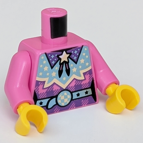 Lego Torso Shirt, Dark Purple Collar, Dark Turquoise Panels, Glitter Disco print, Dark Pink Arms, Yellow Hands / Dark Pink