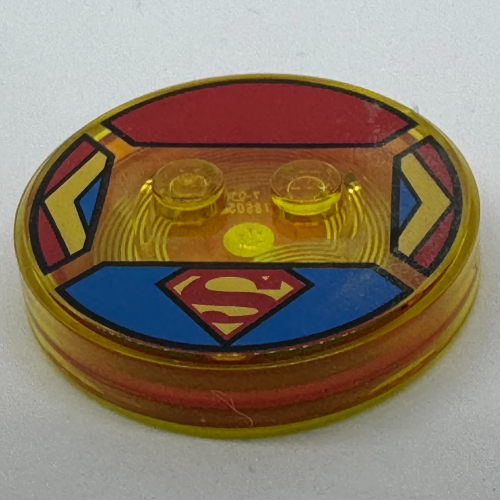Lego Function Brick Round 4 x 4 x 2/3 with 2 Studs and Yellow and Red Supergirl Logo Print / Trans-Yellow