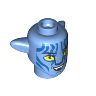 Lego Minifig Head Special Alien Na'vi with Yellow Eyes, Blue Markings, Open Mouth Smile, Teeth print / Medium Blue