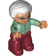 Lego Duplo Figure with Hair with Side Parting Very Light Gray, with Dark Red Legs, Sand Green Sweater, Green Eyes, Glasses / Sand Green