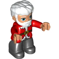 Duplo Figure with Thick Hair Combed Forward and Beard White, Red Jacket with White Trim and Belt with Buckle Print, Black Legs (Santa) / Red