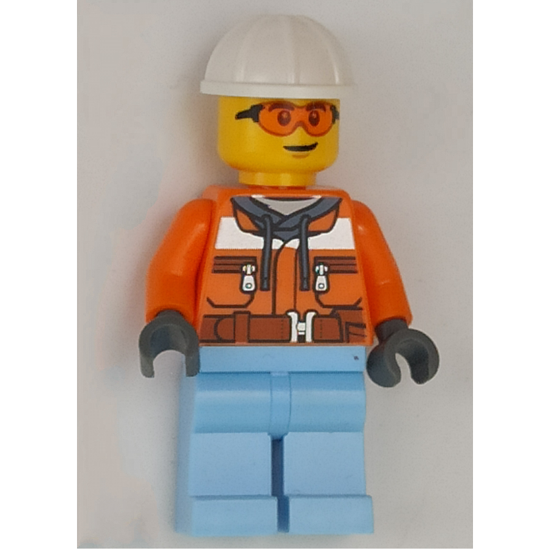 Lego Construction Worker, Orange Safety Jacket, Bright Light Blue Legs, White Hard Hat