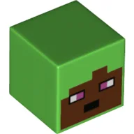 Minifig Head Special, Cube with Reddish Brown Face, Magenta Eyes Print / Bright Green