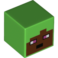 Lego Minifig Head Special, Cube with Reddish Brown Face, Magenta Eyes Print / Bright Green