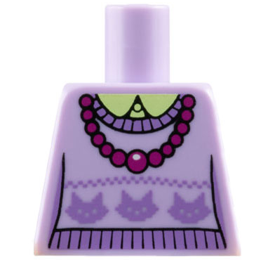 Lego Torso Knit Sweater with Medium Lavender Cat Heads over Yellowish Green Shirt with Collar, Necklace with Magenta Beads Pattern