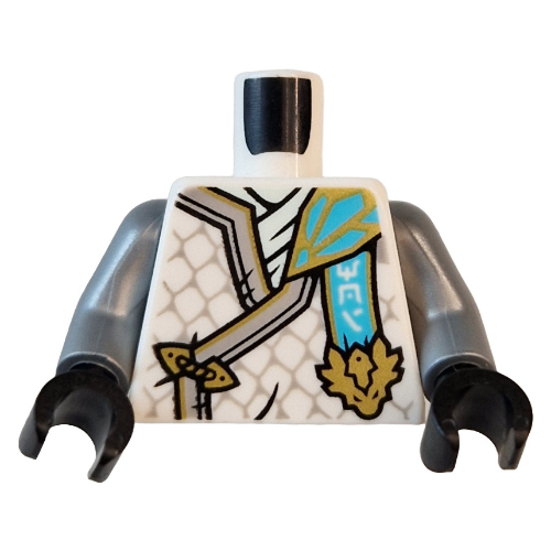 Lego Torso, Ninja Robes, Silver Trim, Scales, Medium Azure Banner, Gold Dragon Head print, Flat Silver Arms, Black Hands / White