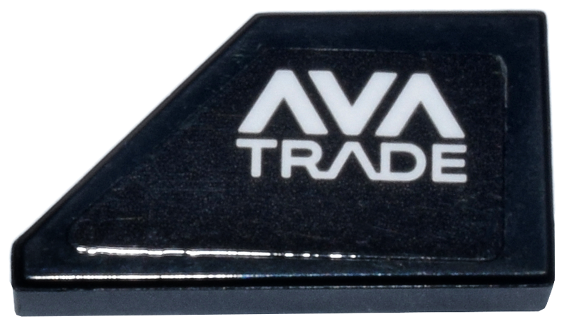 Lego Tile, Modified 1 x 2 Wedge Right with White 'AVA TRADE' Logo Pattern (Sticker) - Set 77245