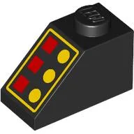 Brick Sloped 45° 2 x 1 with Bottom pin, with 3 Red Lamps, 3 Yellow Buttons, Yellow Border Print (Reissue)