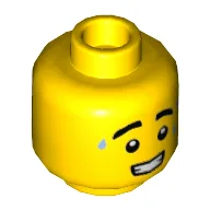 Minifig Head Ice Cream Vendor, Thick Eyebrows, Bright Light Blue Sweat Drops, Open Mouth with Teeth Print / Yellow