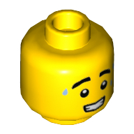 Lego Minifig Head Ice Cream Vendor, Thick Eyebrows, Bright Light Blue Sweat Drops, Open Mouth with Teeth Print / Yellow