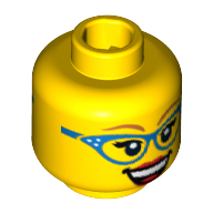 Lego Minifig Head Diner Waitress, Glasses with Blue Frame, Medium Nougat Eyebrows, Red Lipstick, Smirk / Open Smile Print / Yellow