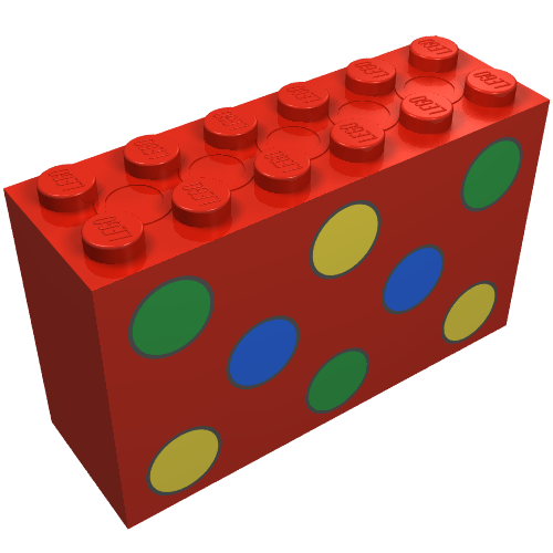 Lego Brick 2 x 6 x 3 with Green, Yellow and Blue Dots Print