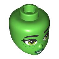 Lego Minidoll Head Black Eyebrows, Lime Eyes, Green Lips, Freckles, Open Mouth Smile / Bright Green