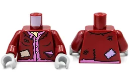 Torso Tattered Jacket Open with Patches and Black Scuff Marks, Dark Pink Shirt, Bright Light Yellow Undershirt Pattern (BAM) / Dark Red Arms / Light Bluish Gray Hands / Dark Red