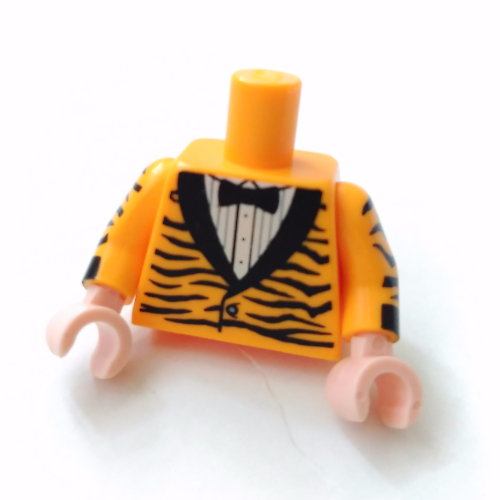 Lego Torso Tuxedo Jacket with Tiger Stripes and Black Bow Tie Print, Bright Light Orange Arms with Tiger Stripes Print, Light Nougat Hands / Bright Light Orange